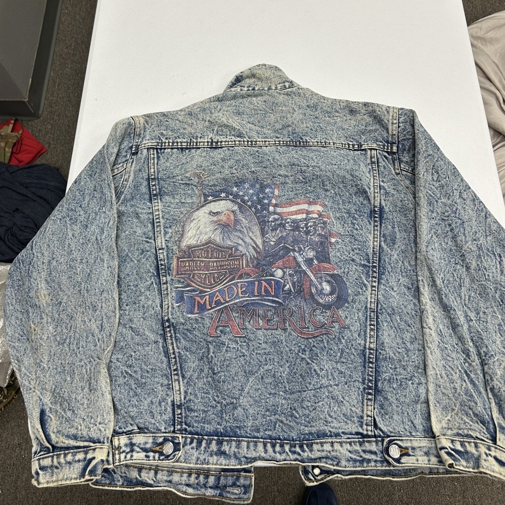 Harley Davidson Denim Jacket Mens M Blue Acid Wash Made In America Eagle Graphic